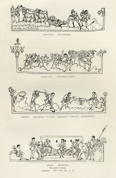 Janeiro, fevereiro, março e abril, de "O Calendário e o Hinário de Júlio", ilustração de "História do povo inglês" de English School