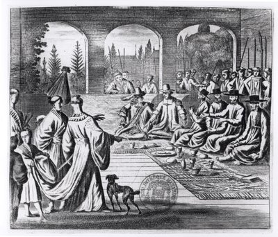 Jesuitas com mercadores holandeses e portugueses na corte do imperador japonês, ilustração de A Memorable Embassy to the Emperor of Japan de Arnold Montanus, publicada em Londres 1670 de English School