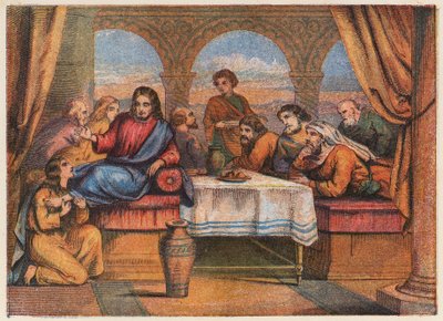 Jesus Cristo com os seus discípulos e Maria Madalena (litografia a cores) de English School