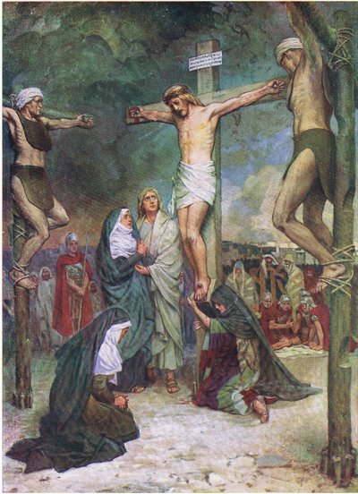Jesus na cruz, de The Bible Picture Book publicado por Thomas Nelson, c.1950 (litografia a cores) de English School