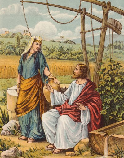 Jesus a falar com a Mulher de Samaria (litografia a cores) de English School