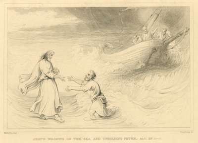 Jesus caminhando sobre o mar e sustentando Pedro, Mateus XIV, 24-33 (gravura) de English School