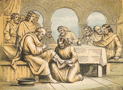 Jesus lavando os Pés dos seus Discípulos (gravura colorida) de English School