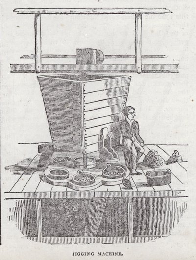 Máquina de jigging, mina de cobre Cornish (gravura) de English School