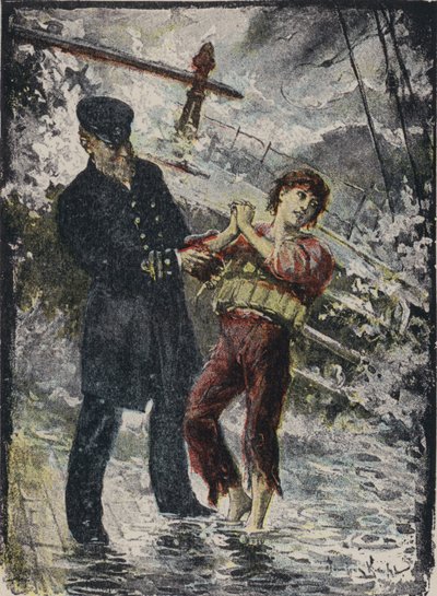John Alexander Strachan, capitão do navio a vapor Cyprian, dando seu colete salva-vidas a um jovem clandestino antes que o navio naufragasse em um vendaval na costa galesa em 1881 (lito colorido) de English School