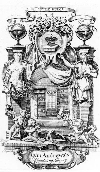Folheto da Biblioteca Circulante de John Andrews, de Joseph Shepperd, publicado em Calcutá, 1774 de English School