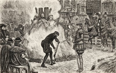 John Bland, John Frankesh, Nicholas Sheterden e Humphrey Middleton queimaram vivos por heresia no século XVI, c.1865 (gravura em madeira) de English School