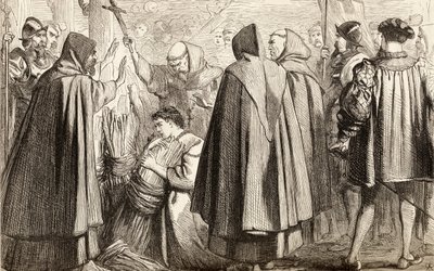John Frith prestes a ser queimado na fogueira por heresia em 1533, c.1865 (gravura em madeira) de English School