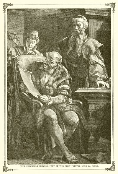 John Gutenberg mostrando parte do primeiro livro impresso para Faust de English School