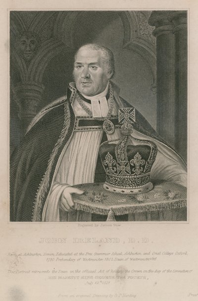 John Ireland, que detinha a coroa na coroação de Sua Majestade o Rei George IV de English School
