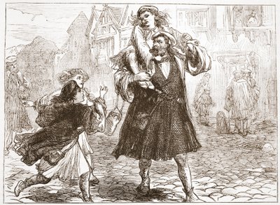 John Luther que leva seu filho à escola, ilustração da história do protestantismo por James Aitken Wylie (1808-1890), bar. 1878 de English School