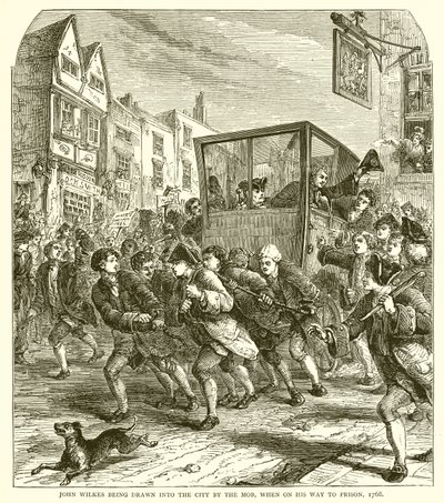John Wilkes sendo arrastado para a cidade pela multidão, quando em seu caminho para a prisão, 1768 de English School