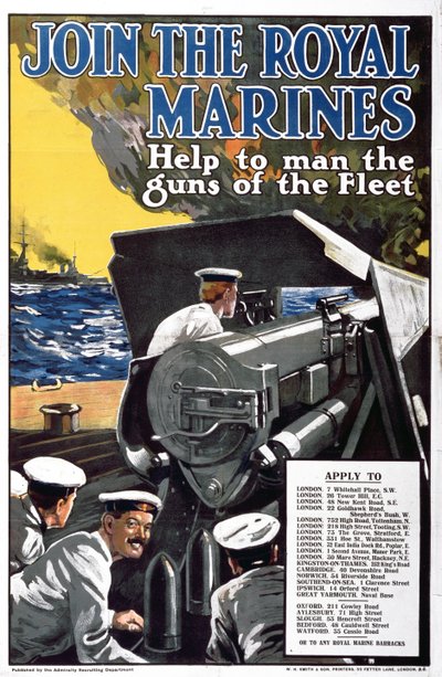 Junte-se aos fuzileiros navais reais - ajude a equipar as armas da frota, poster do recrutamento da Primeira Guerra Mundial de English School