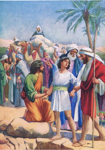 José vendido por seus irmãos, do livro bíblico publicado por Thomas Nelson, c.1950 de English School