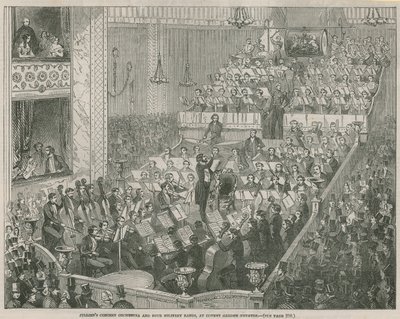 Orquestra de concertos de Julliens e quatro bandas militares no Covent Garden Theatre de English School