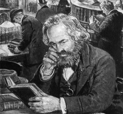 Karl Marx estudando e escrevendo na sala de leitura do Museu Britânico de English School