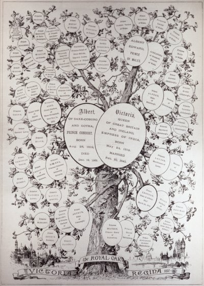 Chave para Árvore Genealógica, Mostrando os Descendentes de Sua Majestade a Rainha Vitória (1819-1901), de &39;The Illustrated London News&39;, 12 de março de 1887 de English School