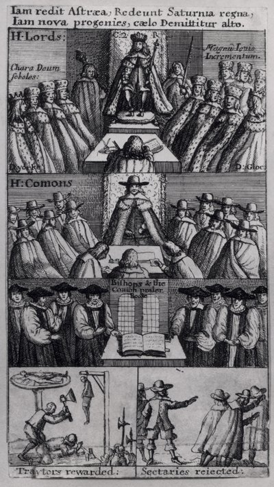 Rei Carlos II (1630-85) com as Casas do Parlamento, 1660 de English School
