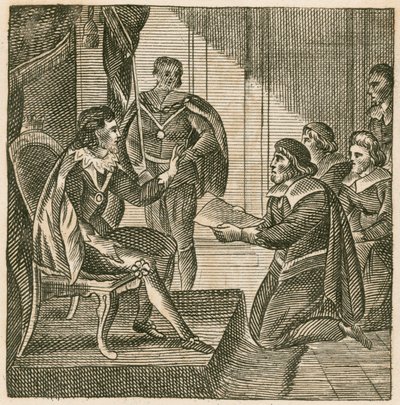 Rei Carlos I recebendo uma petição dos Comuns para atribuir-lhes o poder de arrecadar exércitos (gravura) de English School