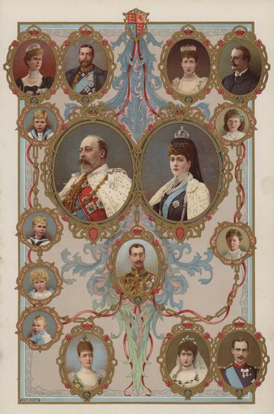 Rei Eduardo VII, Rainha Alexandra e seus filhos e netos (cor litho) de English School