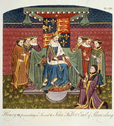 Rei Henrique VI (1421-71), apresentando uma espada a John Talbot (c.1388-1453) Conde de Shrewsbury, ilustração de A Visão Completa do Traje e Hábitos do Povo da Inglaterra, Volume II, publicado em 17 de English School