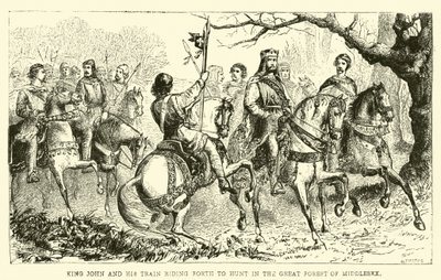 Rei João e seu trem cavalgando para caçar na Grande Floresta de Middlesex de English School