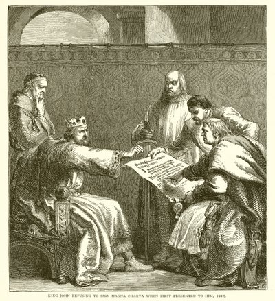 Rei João recusando-se ao signo Magna Charta quando lhe foi apresentado pela primeira vez, 1215 de English School