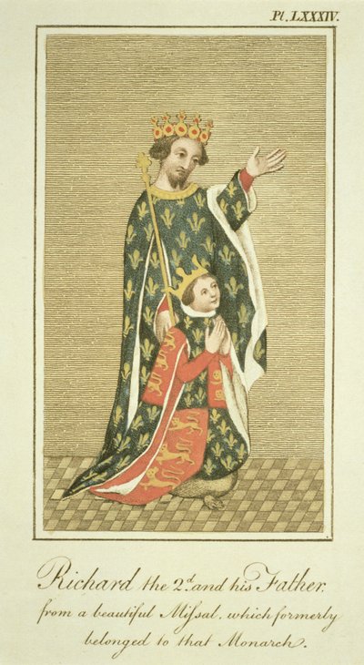Rei Ricardo II (1367-1400) com seu pai Eduardo (1330-76) o Príncipe Negro, ilustração de A Visão Completa do Vestido e Hábitos do Povo da Inglaterra Volume II, publicado em 1799 (colorido de English School