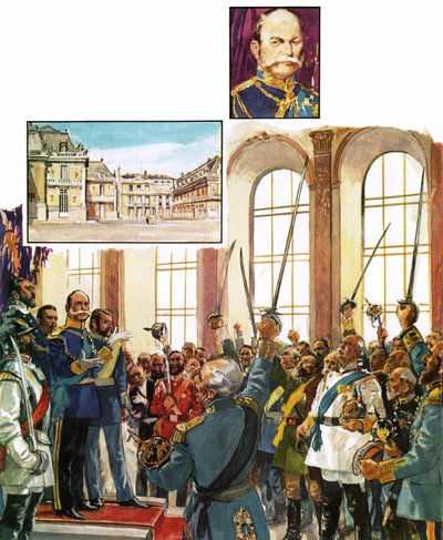 Rei Guilherme da Prússia anunciando o estabelecimento de um Império Alemão unificado no palácio de Versalhes de English School