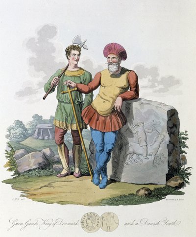 Rei da Dinamarca e jovem dinamarquês - em "Celts and Goths, costumes dos habitantes das Ilhas Britânicas do início do século VI e das nações góticas da costa ocidental do Báltico", por S.R. Meyrick e Ch. Smith de English School
