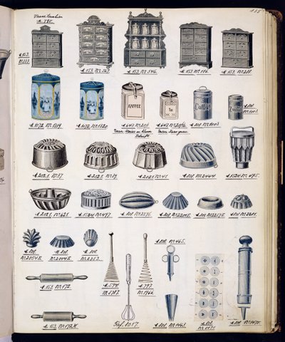 Armazenamento de cozinha e utensílios de um catálogo de produtos domésticos e acessórios, c.1890-1910 de English School