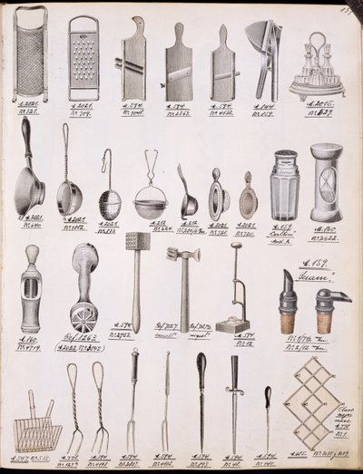Utensílios de cozinha, de um catálogo de produtos domésticos e acessórios, c.1890-1910 de English School