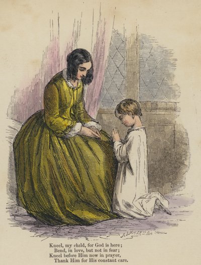 Ajoelha-te, meu filho, porque Deus está aqui; Ajoelha-te, com amor, mas não com medo; Ajoelha-te perante Ele agora em oração, agradece-lhe pelos seus constantes cuidados (gravura colorida) de English School
