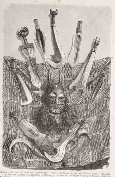 Facas, máscara e tapete do Alto Congo, de &39;The History of Mankind&39;, Vol.III, do Prof. Friedrich Ratzel, 1898 de English School