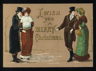 Senhoras e senhores com as suas roupas de inverno, cartão de boas festas de Natal. (chromolitho) de English School