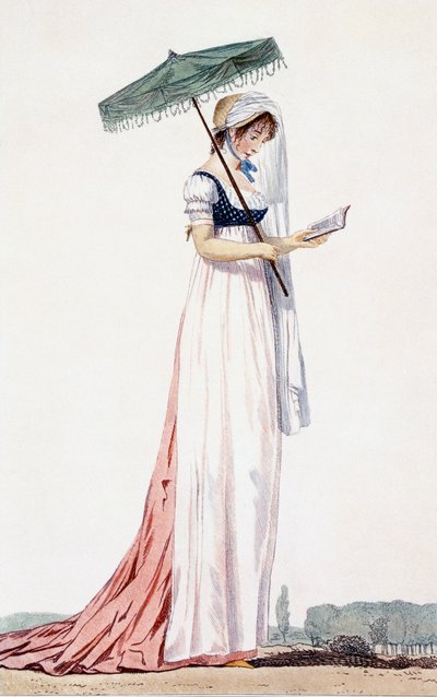 Senhoras elegante vestido de verão com guarda-sol, por Delacourt, 1770 (gravura a cores) de English School