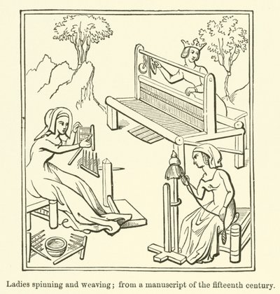Mulheres fiando e tecendo, a partir de um manuscrito do século XV (gravura) de English School