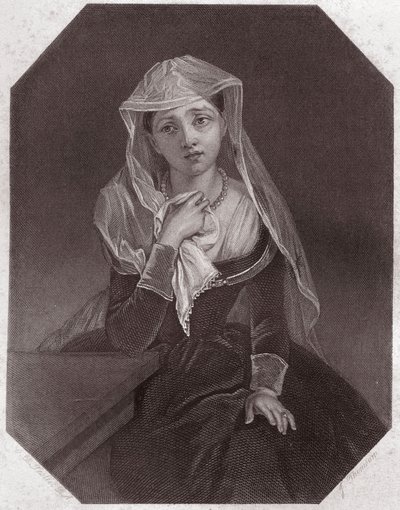 Lady Anne (Richard III) in - "Galeria das Mulheres de Shakespeare, coleção de quarenta e cinco retratos sérios dos primeiros artistas londrinos, enriquecidos por avisos críticos e literários" por volta de 1838 - da "Galeria das Mulheres de Shakespeare, col de English School