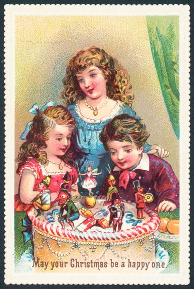 Senhora e filhos, admirando o bolo de Natal, cartão de Natal de English School