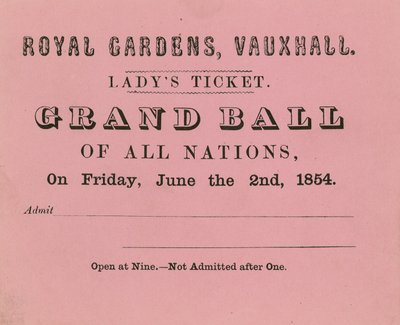Bilhete Ladys, Vauxhall Gardens, Londres, para 2 de junho de 1854 de English School