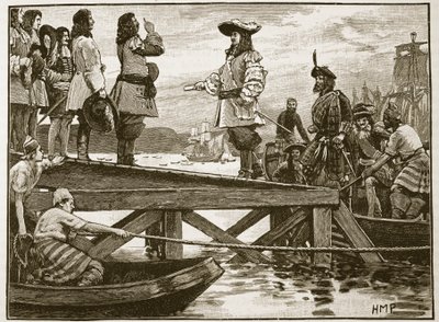 Desembarque de Marshall Schomberg em Carrickfergus, ilustração de Cassells Illustrated History of England (foto em sépia) de English School