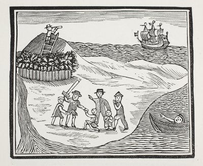 Aterrissagem do grupo de Mutinous na ilha, ilustração dos Chapu-livros do século XVIII por John Ashton, bar. 1882 de English School