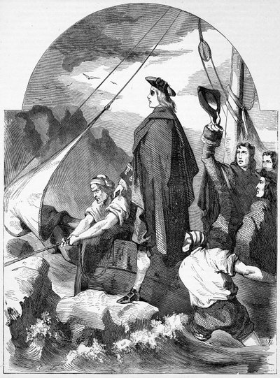 Aterrissagem do Chevalier de St. George na Escócia, ilustração de &39;História Ilustrada de John Cassell da Inglaterra&39;, publicada c.1858 de English School