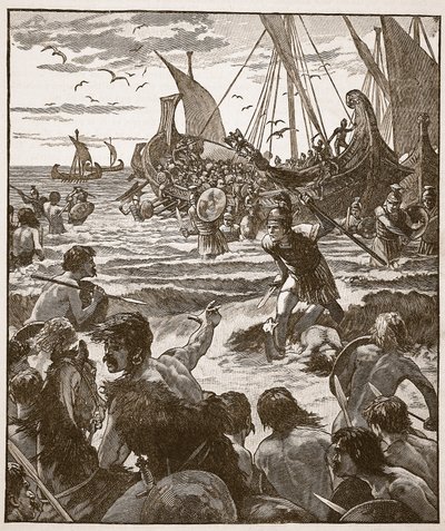 Desembarque dos romanos na costa de Kent, ilustração da história ilustrada de Cassells da Inglaterra (foto sépia) de English School