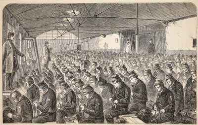 Grande Oakum-room (sob o Sistema Silencioso) na Casa de Correção de Middlesex, Coldbath Fields, ilustração de The Criminal Prison of London e Scenes from Prison Life por Henry Mayhew e John de English School