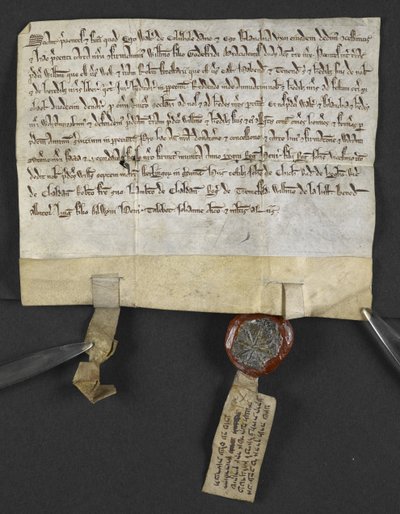 Escritura em latim com renúncia em hebraico (anexada ao selo), por Jacob ben Aaron libertando um pedaço de terra para William le Briel. Inglaterra de English School
