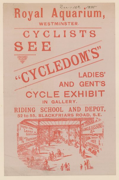 Folheto anunciando a exibição Cycleoms Ladies and Gents Cycle no Royal Aquarium de English School
