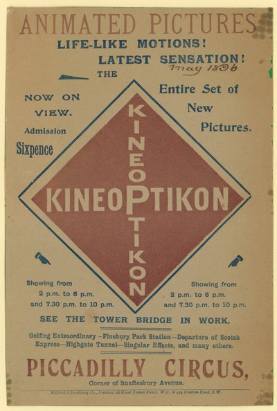 Folheto anunciando o Kineoptikon, Piccadilly Circus de English School