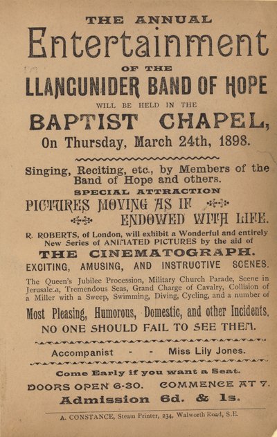 Folheto anunciando o entretenimento anual da Llangunider Band of Hope de English School