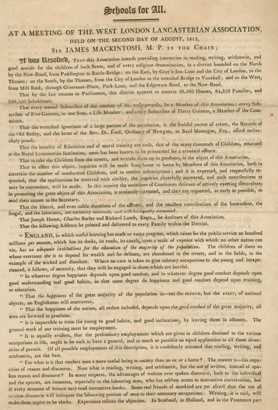 Folheto explicando uma resolução da West London Lancasterian Association para começar a fornecer instruções para crianças, em agosto de 1813 de English School